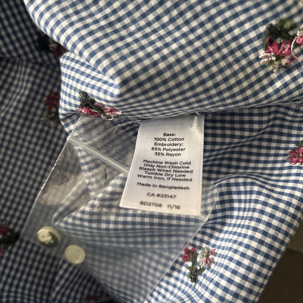 Talbots Shirt Womens L Blue Gingham Embroidered Floral Long Sleeve roll tab Top - Picture 9 of 9